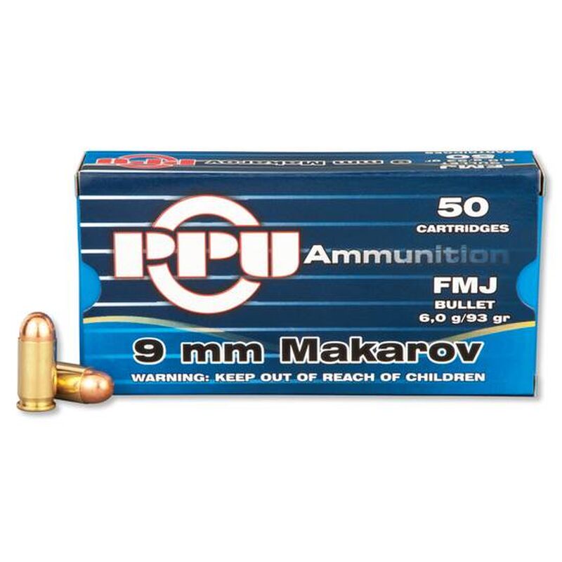Cartouche calibre 9mm Makarov, 93 grains FMJ, marque PPU