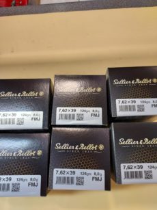 Cartouche calibre 7,62x39, 123 grains FMJ, marque Sellier et Bellot